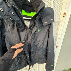 Abercrombie & Fitch men L hooded coat lime green fleece lined zip/snap close blk